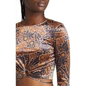 Elodie Paisley Print Long Sleeve Crop Top Tie Front Shirt Women's L